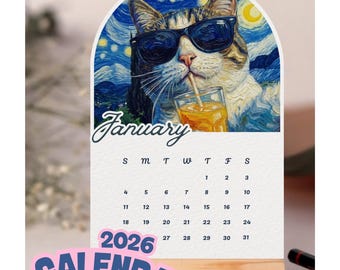 Druckbarer Katzen-Tischkalender 2026, Mini-Tischkalenderkarte, lustiges, von Van Gogh inspiriertes, süßes Kätzchen, verrückte Katzenliebhaberin, von Januar bis Dezember