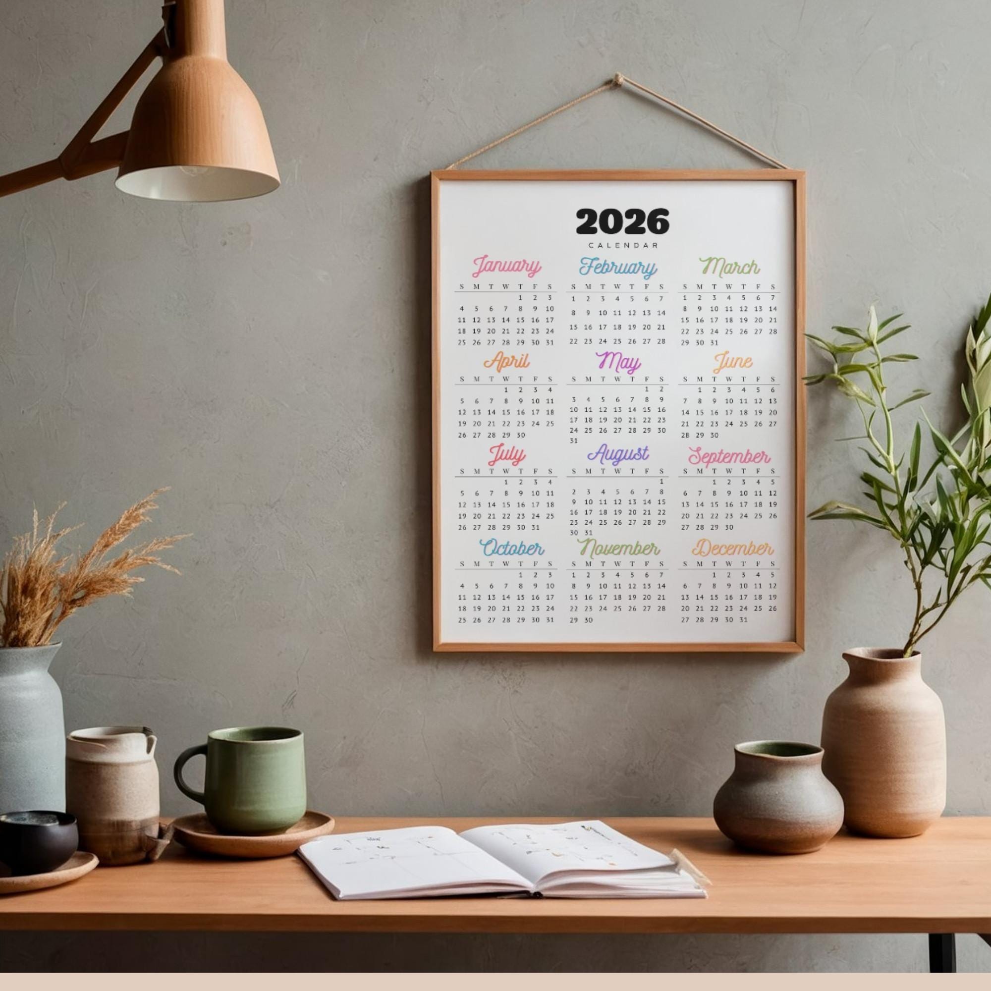2026 Yearly Calendar Printable | 2026 Wall Calendar Portrait A3 A4 US