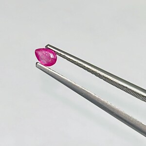 May include: A vibrant, oval-shaped ruby gemstone held by a pair of silver tweezers. The ruby displays a rich, deep pink color and is set against a plain white background. The tweezers are angled, showcasing the gemstone's polished surface.