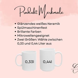 May include: Two white ceramic mugs with glossy finishes, available in 0.33 liter and 0.44 liter capacities. The text on the image lists product features including dishwasher and microwave safety, and bright colors. The logo for Cute & Casual Studio is visible.