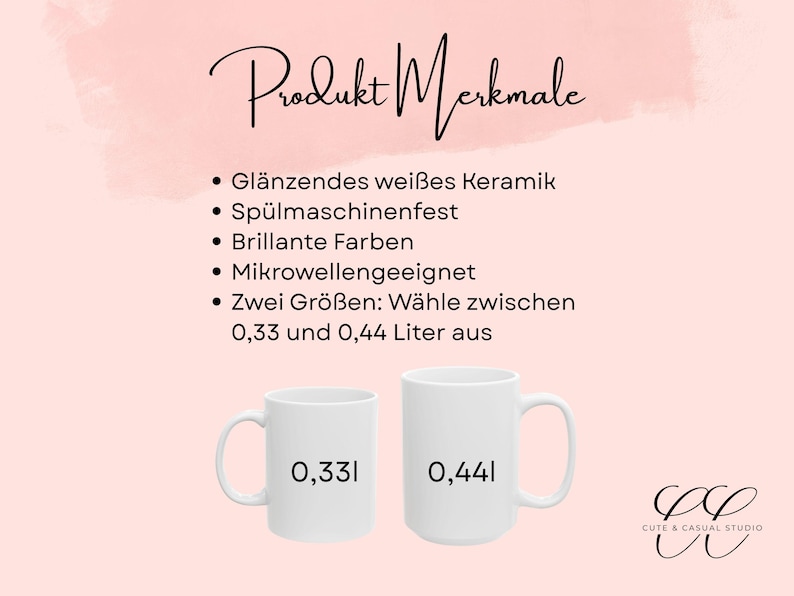 May include: Two white ceramic mugs with glossy finishes, available in 0.33 liter and 0.44 liter capacities. The text on the image lists product features including dishwasher and microwave safety, and bright colors. The logo for Cute & Casual Studio is visible.