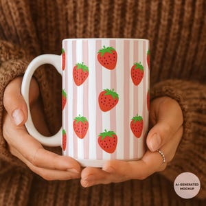 May include: A white ceramic mug featuring a repeating pattern of red strawberries with green leaves over vertical light pink stripes. The mug has a curved handle on the left side and a smooth, cylindrical body with a glossy finish.