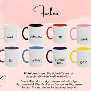 May include: Eight white ceramic mugs arranged in two rows, each featuring a different colored handle and interior rim. The colors include black, red, pink, purple, light blue, dark blue, and yellow, with one plain white mug. Text labels identify each color.