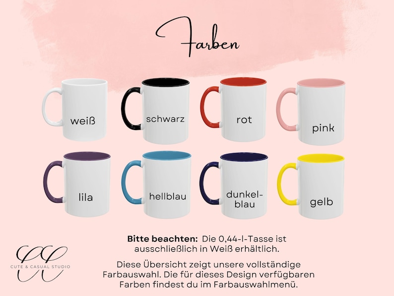 May include: Eight white ceramic mugs arranged in two rows, each featuring a different colored handle and interior rim. The colors include black, red, pink, purple, light blue, dark blue, and yellow, with one plain white mug. Text labels identify each color.