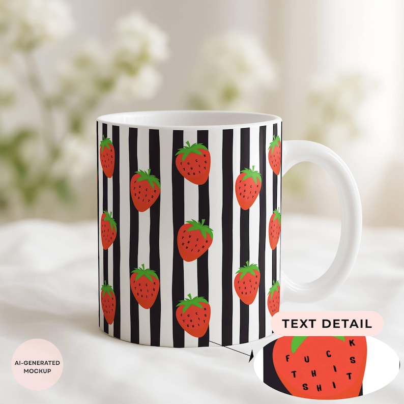 May include: A white ceramic mug featuring a repeating pattern of red strawberries on vertical black stripes. The surface of one strawberry contains the black text FUCK THIS SHIT arranged in a grid. The mug has a curved handle on the right side.