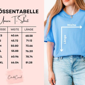 Pode incluir: Uma t-shirt azul-clara com uma tabela de tamanhos intitulada GR&Ouml;SSENTABELLE Unisex T-Shirt. A tabela lista os tamanhos de XS a 2XL com as medidas de largura e comprimento em cent&iacute;metros. Setas na t-shirt indicam as dimens&otilde;es de largura e comprimento.