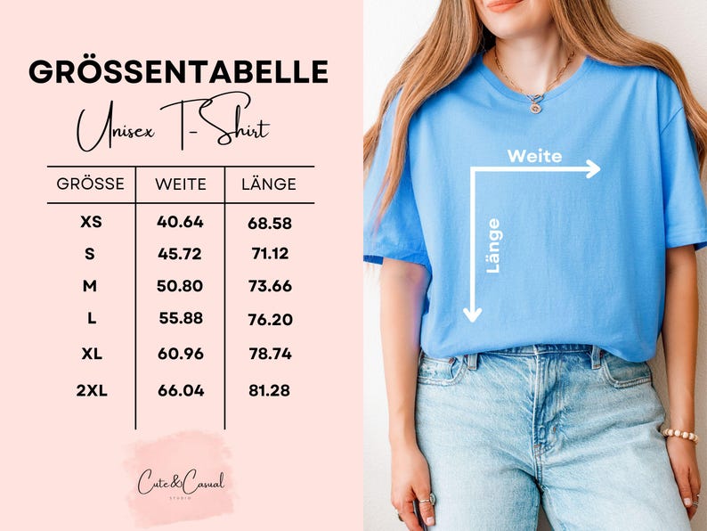 Pode incluir: Uma t-shirt azul-clara com uma tabela de tamanhos intitulada GR&Ouml;SSENTABELLE Unisex T-Shirt. A tabela lista os tamanhos de XS a 2XL com as medidas de largura e comprimento em cent&iacute;metros. Setas na t-shirt indicam as dimens&otilde;es de largura e comprimento.