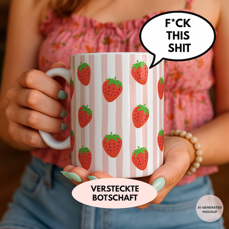 May include: A white ceramic mug featuring a repeating pattern of red strawberries over vertical light pink stripes. A speech bubble extending from the top right displays the text F*CK THIS SHIT in bold black capital letters.