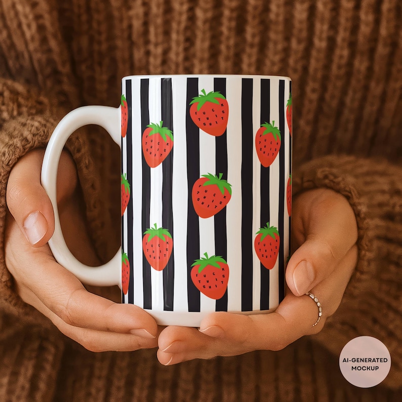 May include: A white ceramic mug featuring a repeating pattern of red strawberries with green leaves against a background of vertical black stripes. The mug has a curved handle on the left side and a smooth, cylindrical body with a glossy finish.