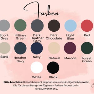 Pode incluir: Uma tabela de cores com catorze amostras circulares rotuladas como Sport Grey, Military Green, Dark Heather Grey, Dark Chocolate, Light Blue, Red, Sand, Heather Navy, Navy, Natural, Maroon, Forest Green, White e Black, com o t&iacute;tulo Farben.