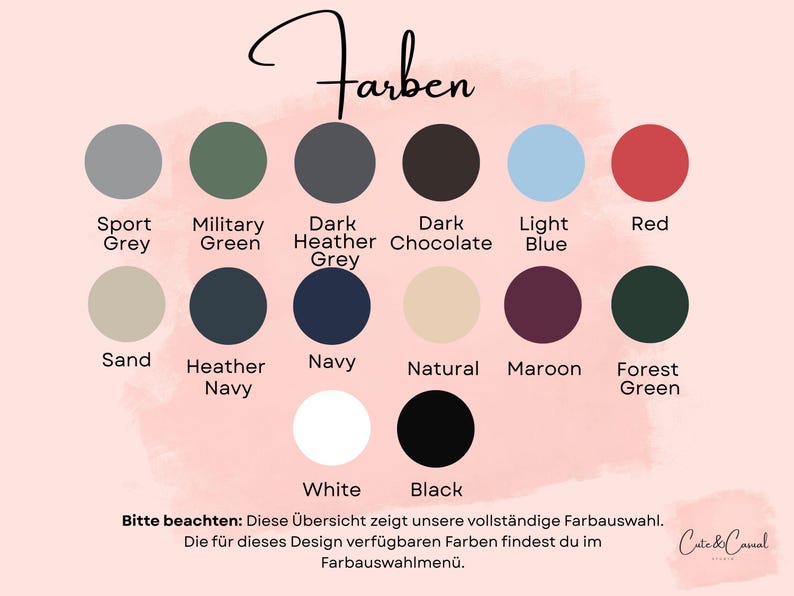 Pode incluir: Uma tabela de cores com catorze amostras circulares rotuladas como Sport Grey, Military Green, Dark Heather Grey, Dark Chocolate, Light Blue, Red, Sand, Heather Navy, Navy, Natural, Maroon, Forest Green, White e Black, com o t&iacute;tulo Farben.