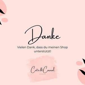 Pode incluir: Um cart&atilde;o de agradecimento rosa claro com texto em preto que diz Danke, seguido pelo texto em alem&atilde;o Vielen Dank, dass du meinen Shop unterst&uuml;tzt! O design inclui ilustra&ccedil;&otilde;es de folhas pretas e formas abstratas rosa.