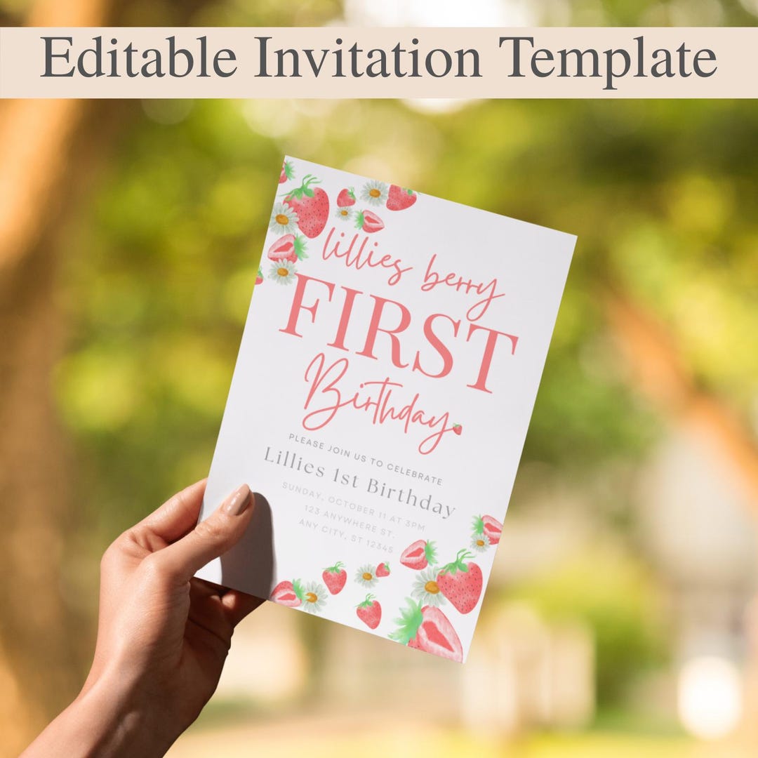 Editable Strawberry First Birthday Invitation — Berry 1st Birthday Girl ...