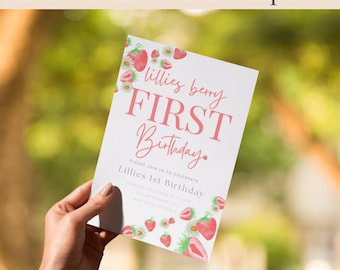 Editable Strawberry First Birthday Invitation — Berry 1st Birthday Girl Party Invite (Canva Printable)