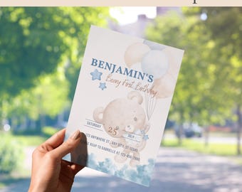 Invitación editable para el primer cumpleaños de un osito de peluche (Canva imprimible)
