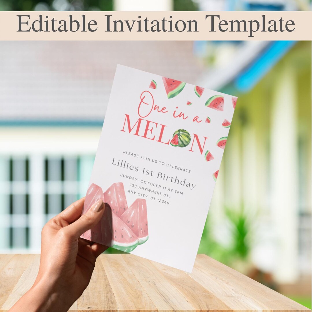 Editable One in a Melon First Birthday Invitation — Watermelon Girl ...