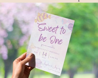 Editable Sweet One First Birthday Invitation — Pastel Candy Birthday Party Invite (Canva Printable)