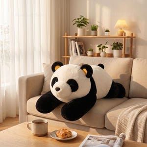 Op de afbeelding: Een groot, zwart-wit panda-beren kussen op een beige bank. De panda heeft zwarte oren met gele details en zwarte vlekken rond de ogen. Een mok en gebakje liggen op een houten tafel.