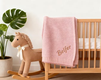 Custom embroidered baby name knitted blankets, personalized newborn keepsakes, unique baby party gifts