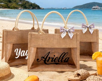 Personalized beach jute gift bags. Suitable for bachelor/bachelor parties and bridesmaid favors