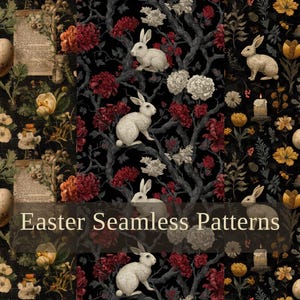24 Easter Seamless Patterns, Dark Floral Bunny, Vintage Repeat Background (Digital Download)