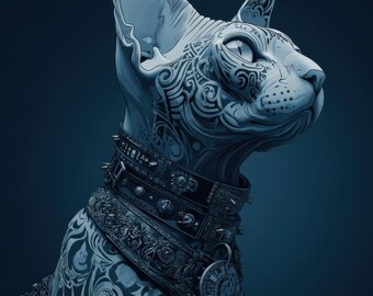 Gotisk Sphynx-kattväggkonst – Mörk tatueringskattposter, lyxig fantasiillustration, modern inredning