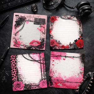 May include: Four square notepads with a gothic theme. Each notepad features a pink and black colour scheme with roses, chains, and lip graphics. The notepads have lined pages for writing.