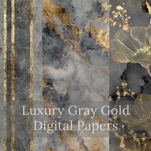 Op de afbeelding: Digitale papieren met een luxe grijs- en goudthema. De afbeelding toont verschillende ontwerpen, waaronder gouden strepen, marmertexturen en bloempatronen. De tekst "Luxury Gray Gold Digital Papers" staat over de afbeelding.