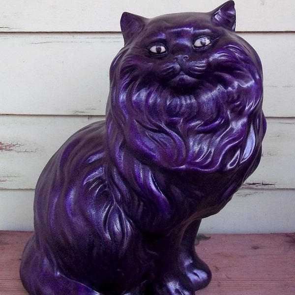 Upcycled black cat statue --life sized-- hand painted