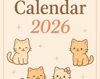 May include: A light beige calendar with the text "Meow Calendar 2026" and illustrations of four cartoon cats. The calendar has a paw print at the top and star accents.