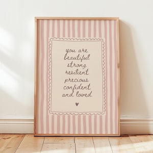 You Are Beautiful Print, Girls Nursery Affirmation Wall Art, Pink Striped Decor, Positive Girls Bedroom Poster, Digital Download