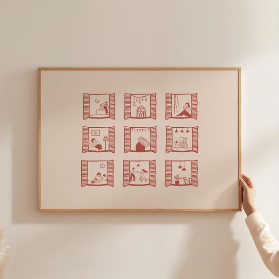 Window Wall Art, Cozy Window Scene Print, Minimalist Hand Drawn Illustration, Slow Living Decor, Apartment Life Poster, Digital Download