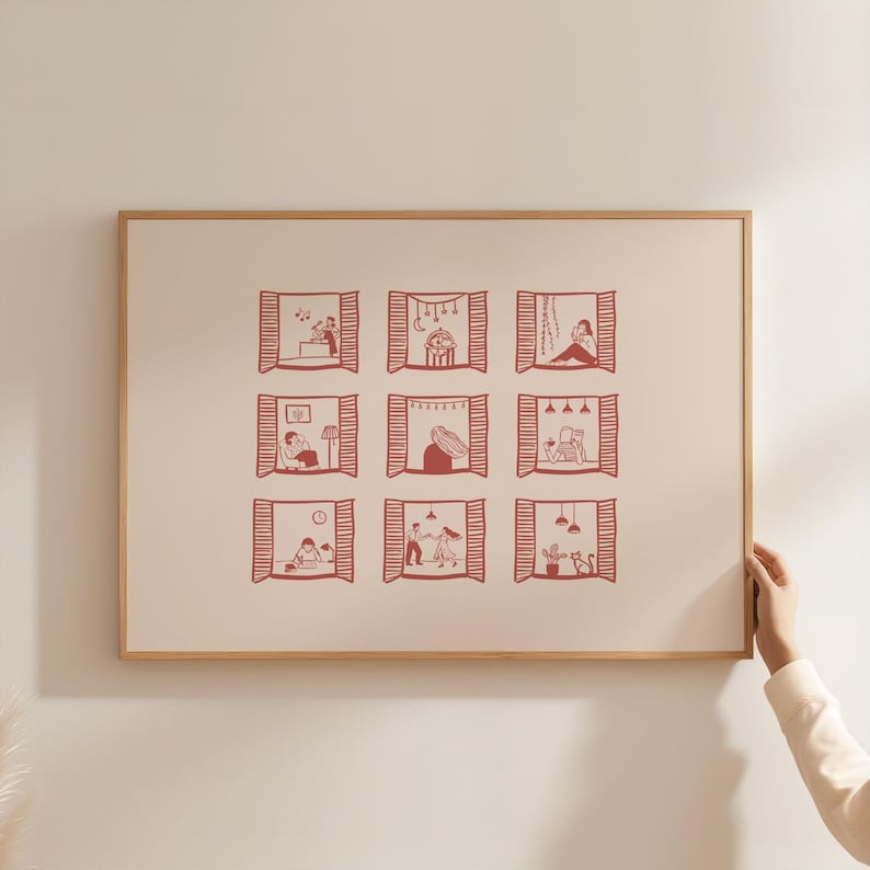 Window Wall Art, Cozy Window Scene Print, Minimalist Hand Drawn Illustration, Slow Living Decor, Apartment Life Poster, Digital Download