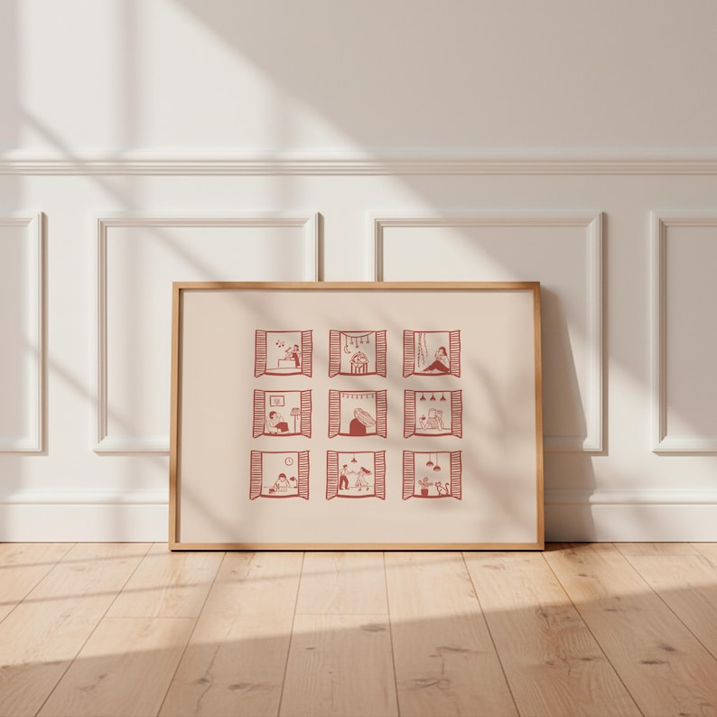 K&ouml;nnte beinhalten: Ein gerahmter Druck mit neun Fensterillustrationen in einem Raster. Jedes Fenster zeigt eine andere Szene in Rotbraun, die verschiedene Aktivit&auml;ten darstellt. Das Kunstwerk hat einen cremefarbenen Hintergrund und einen Naturholzrahmen.