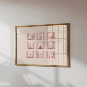 K&ouml;nnte beinhalten: Ein gerahmter Druck mit neun Fenstern, die jeweils eine Szene in Rotbraun darstellen. Die Szenen zeigen verschiedene Aktivit&auml;ten, wie Lesen und Entspannen. Das Kunstwerk ist vor einem cremefarbenen Hintergrund platziert.