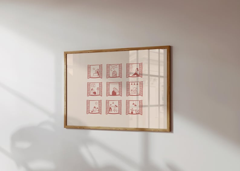 K&ouml;nnte beinhalten: Ein gerahmter Druck mit neun Fenstern, die jeweils eine Szene in Rotbraun darstellen. Die Szenen zeigen verschiedene Aktivit&auml;ten, wie Lesen und Entspannen. Das Kunstwerk ist vor einem cremefarbenen Hintergrund platziert.