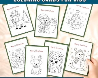 May include: A collection of printable Christmas coloring cards for kids. Each card features a black and white illustration of festive holiday images, including a reindeer, elf, Christmas tree, angel, dog, cat, and snowman. The cards are labeled "Merry Christmas".