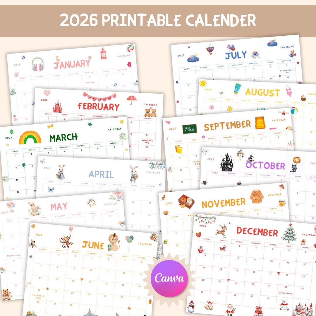2026 Kids Monthly Calendar Printable & Editable in Canva - Etsy