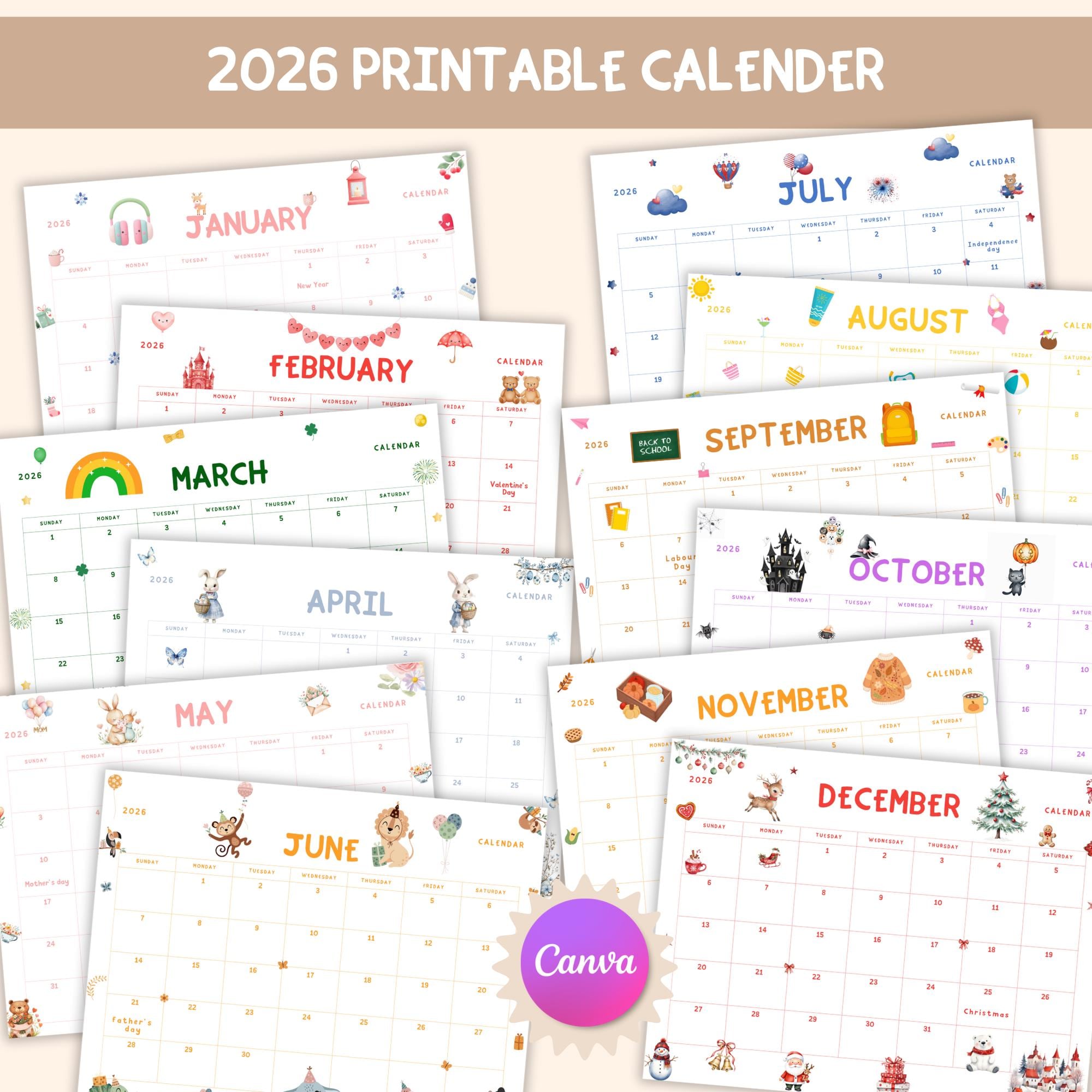 2026 Kids Monthly Calendar Printable & Editable in Canva - Etsy