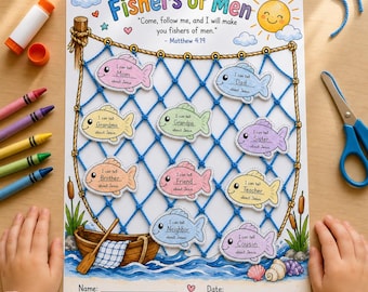 May include: A Fishers of Men activity sheet featuring a blue yarn fishing net, colorful paper fish with text, a wooden boat, and a sun. The sheet includes the text Fishers of Men, Come, follow me, and I will make you fishers of men, Matthew 4:19, Name, and Date.