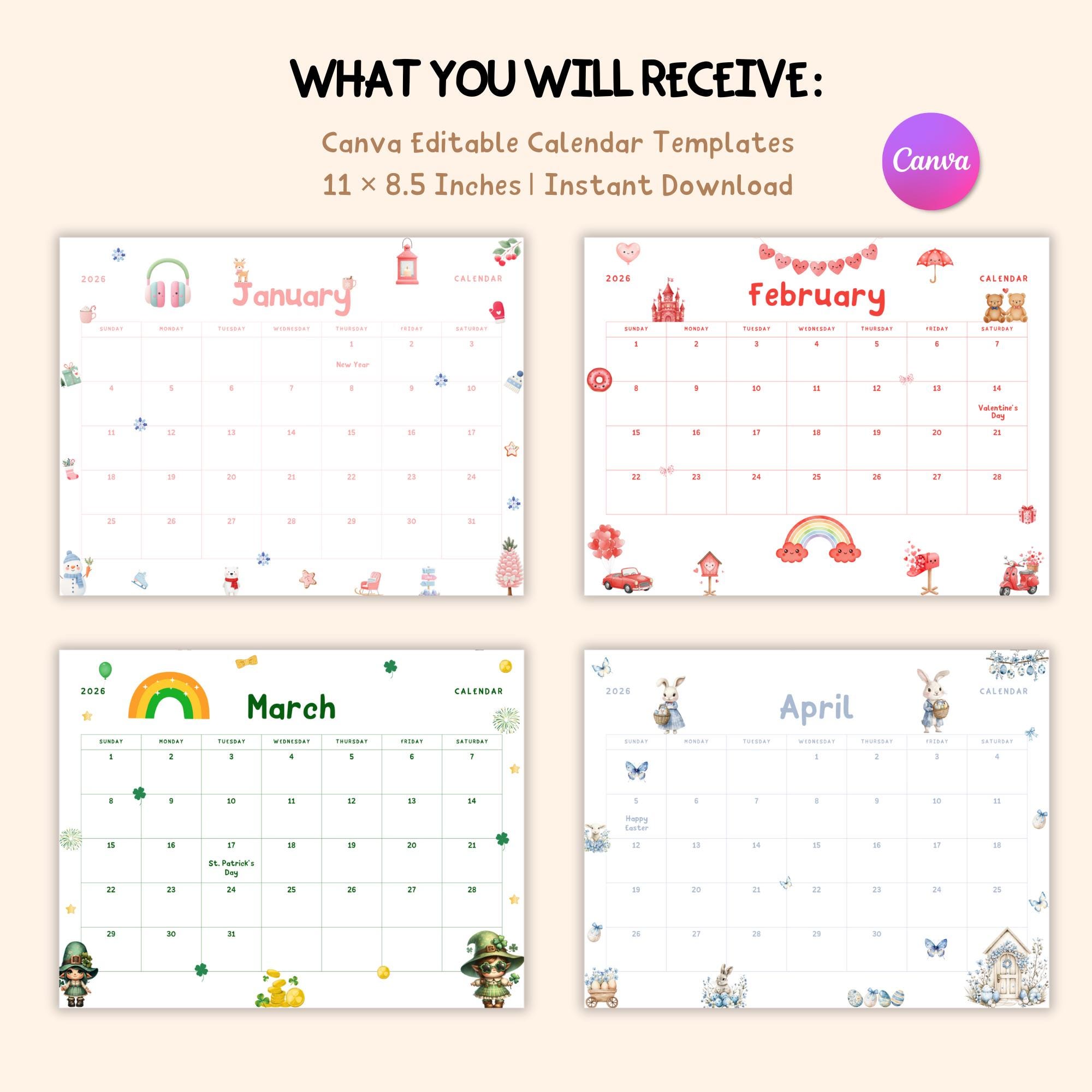 2026 Kids Monthly Calendar Printable & Editable in Canva - Etsy