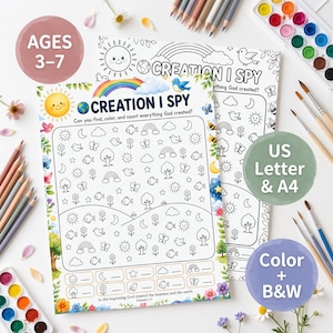 May include: A Creation I Spy activity sheet for children aged 3-7, featuring black and white line art of suns, moons, birds, fish, trees, and rainbows. The page includes a counting section, the text 'Can you find, colour, and count everything God created?', and 'In the beginning God created the heavens and the earth. Genesis 1:1'.