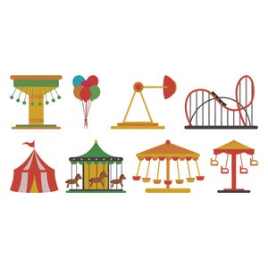 May include: A collection of colorful carnival-themed illustrations. The image includes a Ferris wheel, balloons, a swing ride, a roller coaster, a circus tent, a carousel with horses, and a chair swing ride.