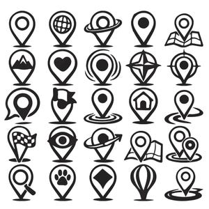 May include: A collection of twenty-five black and white location pin icons arranged in a five-by-five grid. Each icon features a unique symbol inside or around the pin shape, including a globe, heart, mountain, house, flag, eye, and paw print.