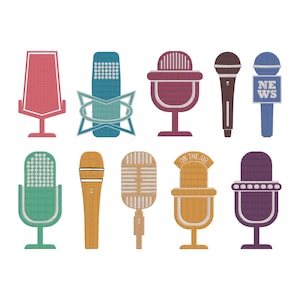 Peut inclure: Illustration de dix microphones stylisés de différentes couleurs. Les microphones ont des formes et des designs variés, dont un micro de presse et un avec le texte "ON THE AIR". La palette de couleurs comprend le rouge, le bleu, le vert, le jaune et le marron.