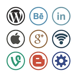 Op de afbeelding: Negen cirkelvormige pictogrammen die sociale media- en technologieplatforms vertegenwoordigen. De pictogrammen omvatten het WordPress-logo, Behance, LinkedIn, Apple, Google+, Wi-Fi, Vine, Blogger en een tandwielsymbool, elk in een gekleurde cirkel.
