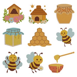 May include: A collection of illustrated bee-themed designs. The image includes a beehive, honey jars, honeycomb, and cartoon bees. The color palette features shades of yellow, brown, and blue, with floral accents. The designs are suitable for various craft projects.
