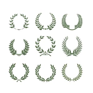 May include: Nine olive green laurel wreath designs on a white background. Each wreath features a circular arrangement of leaves, varying in style and detail. Ideal for logos, emblems, or decorative elements.