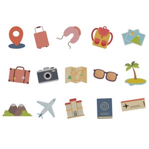 May include: A set of travel-related illustrations. Features a red suitcase, a camera, a map, sunglasses, a passport, a plane, a ticket, a backpack, a neck pillow, a location marker, a suitcase, a building, a small island with a palm tree, and two photos.