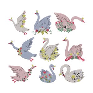 May include: Nine whimsical swan illustrations in various poses, each adorned with a crown and floral accents. The swans feature a palette of soft colors, including pink, blue, and white, with touches of yellow and green. The designs are set against a clean white background.